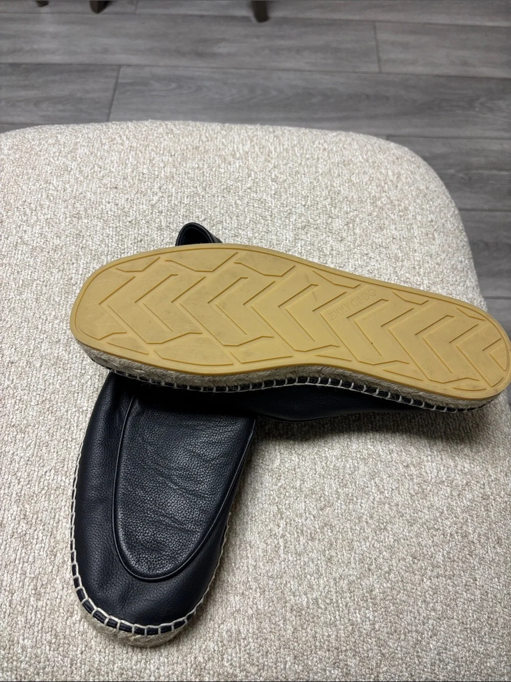 Jimmy Choo Black Leather Espadrille Loafers with Jute Trim